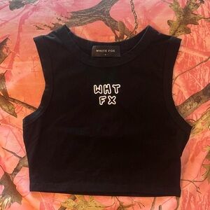 white fox boutique "wht fx" logo embroidered black high neck crop top